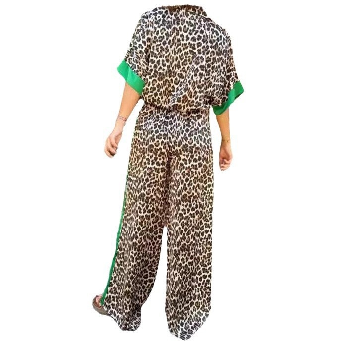 2025 Европейски и американски трансграничен дамски ежедневен костюм с леопардов принт и контрастен кант, метален копче