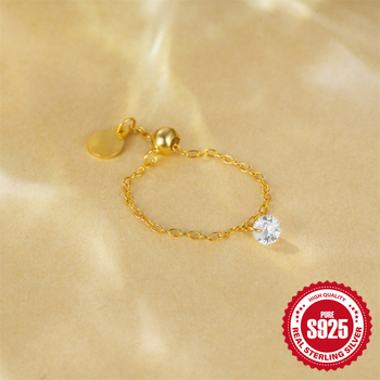 Ασημένιο S925 Πολυτελές Δαχτυλίδι Ζιργκόν με Τηλεσκοπικό Άνοιγμα, Ευρωπαϊκά και Αμερικανικά, Μοντέρνο Ασημένιο Δαχτυλίδι με Αλυσίδα, Ρυθμιζόμενο, για Κοσμήματα