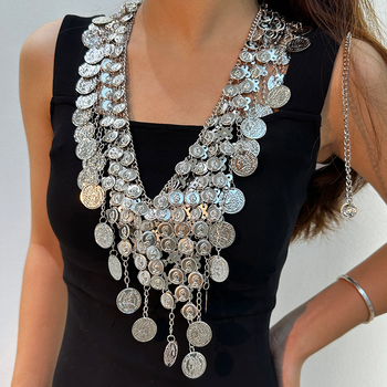 Κολιέ Temu Explosive Vintage με κέρματα, μοντέρνο σχέδιο, σέξι, πολλαπλών στρώσεων, μεταλλικό κολιέ με φούντες, για γυναίκες