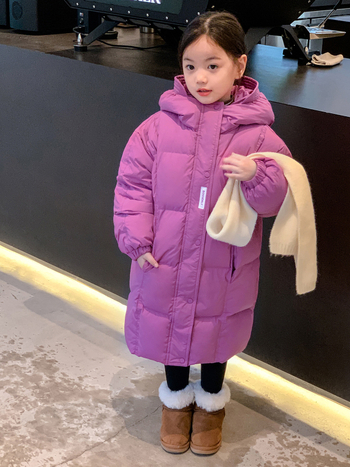 Meiteņu garā dūnu jaka 2025. gada ziemai Jauns bērnu apģērbs Kokvilnas virsdrēbes Bērnu bieza, ļoti auksta, pāri ceļgaliem sniedzoša, balta pīles dūnu jaka