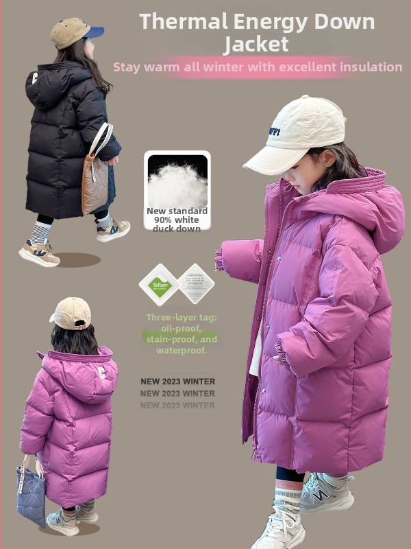 Meiteņu garā dūnu jaka 2025. gada ziemai Jauns bērnu apģērbs Kokvilnas virsdrēbes Bērnu bieza, ļoti auksta, pāri ceļgaliem sniedzoša, balta pīles dūnu jaka