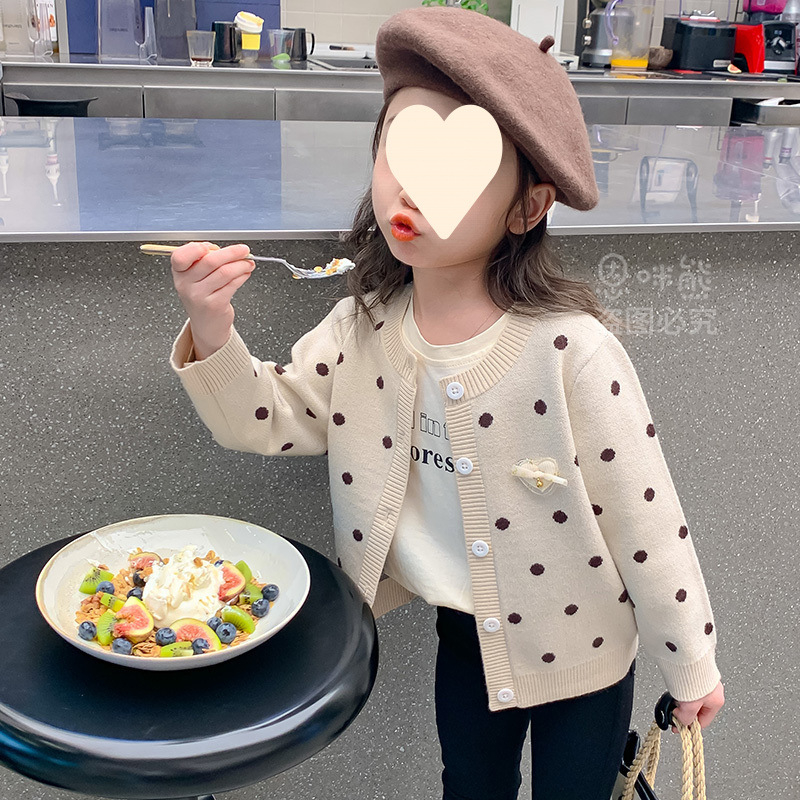 Vaikiški rudens ir žiemos drabužiai mergaitėms, storas megztinis su vilnos pamušalu, korėjietiškas megztas vaikiškas kardiganas su taškeliais