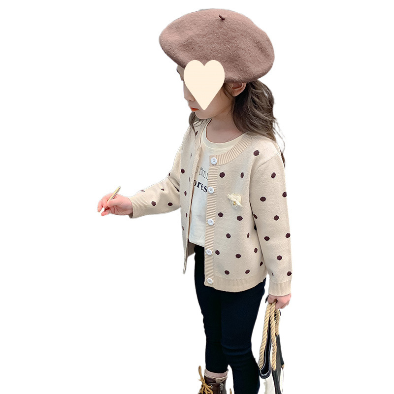 Vaikiški rudens ir žiemos drabužiai mergaitėms, storas megztinis su vilnos pamušalu, korėjietiškas megztas vaikiškas kardiganas su taškeliais