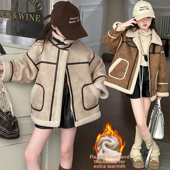 Νέο Φθινοπωρινό και Χειμερινό Φόρεμα 2024 για Κορίτσια, Δυτικού Στυλ, Γούνινο Παλτό, Κορεάτικο, Casual, Παιδικό, Ζεστό Δερμάτινο Παλτό