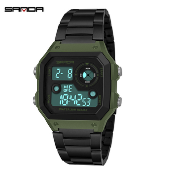 Sanda väikese ruudukujuline meeste spordikell, digitaalne multifunktsionaalne veekindel äratuskell, helendav elektrooniline kell