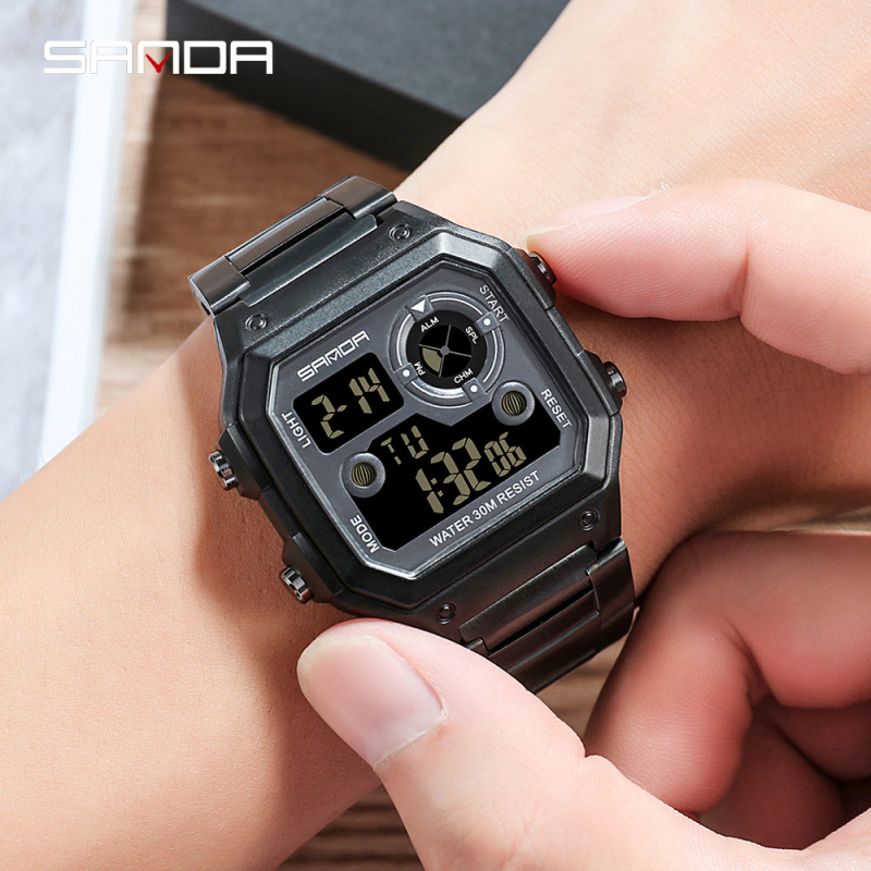 Sanda väikese ruudukujuline meeste spordikell, digitaalne multifunktsionaalne veekindel äratuskell, helendav elektrooniline kell