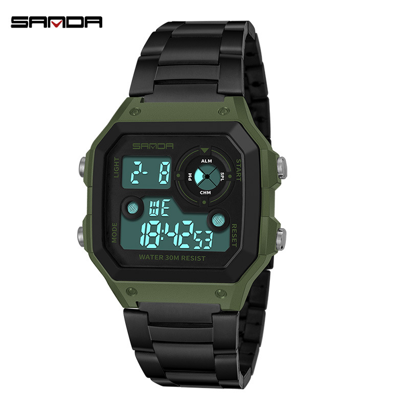 Sanda väikese ruudukujuline meeste spordikell, digitaalne multifunktsionaalne veekindel äratuskell, helendav elektrooniline kell
