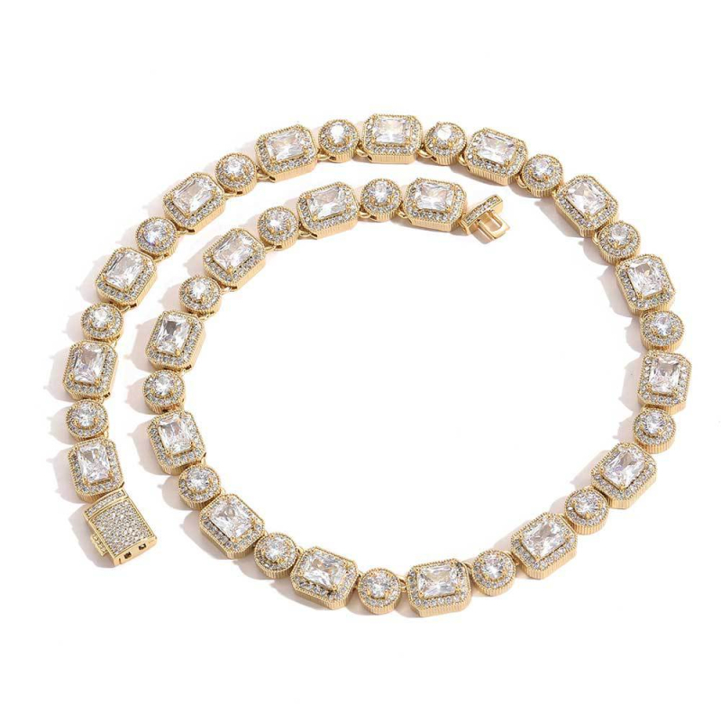 Piiriülene Euroopa ja Ameerika hiphopi tsirkoonist kaelakee, 10 mm kandiline ümmargune tsirkoonkivist suhkrukett, ehtsa kullaga kaetud, trendikas meeste käevõru