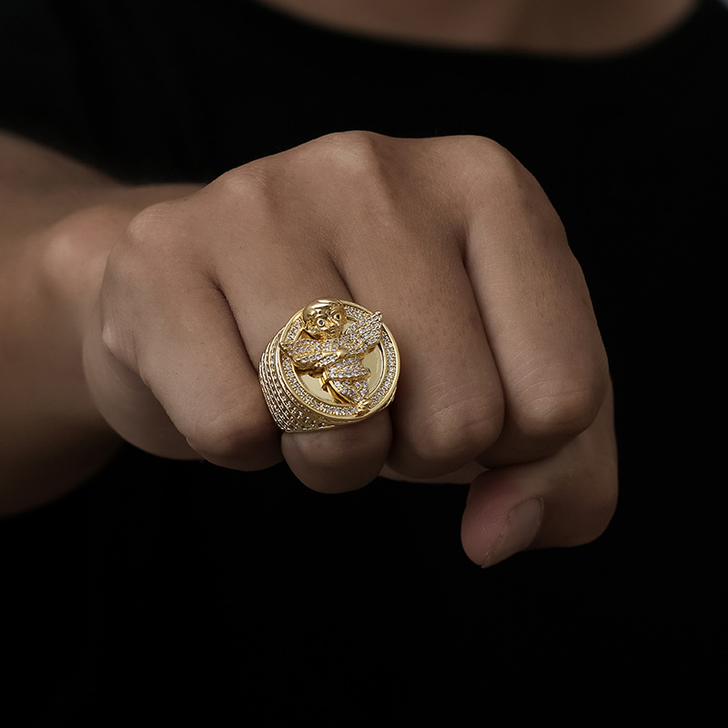 Inel bărbătesc cu cap de înger mic, nume renumit din Europa și Statele Unite, personalitate, micro încrustat cu zirconiu, hip hop, inel hiphop, bijuterii
