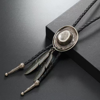 Κολιέ με φτερό και διασυνοριακό καπέλο, κράμα πανκ, καουμπόικο καπέλο, φτερό και δερμάτινο κολάρο για ζευγάρια, κολιέ unisex