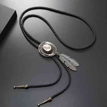 Κολιέ με φτερό και διασυνοριακό καπέλο, κράμα πανκ, καουμπόικο καπέλο, φτερό και δερμάτινο κολάρο για ζευγάρια, κολιέ unisex