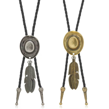 Κολιέ με φτερό και διασυνοριακό καπέλο, κράμα πανκ, καουμπόικο καπέλο, φτερό και δερμάτινο κολάρο για ζευγάρια, κολιέ unisex