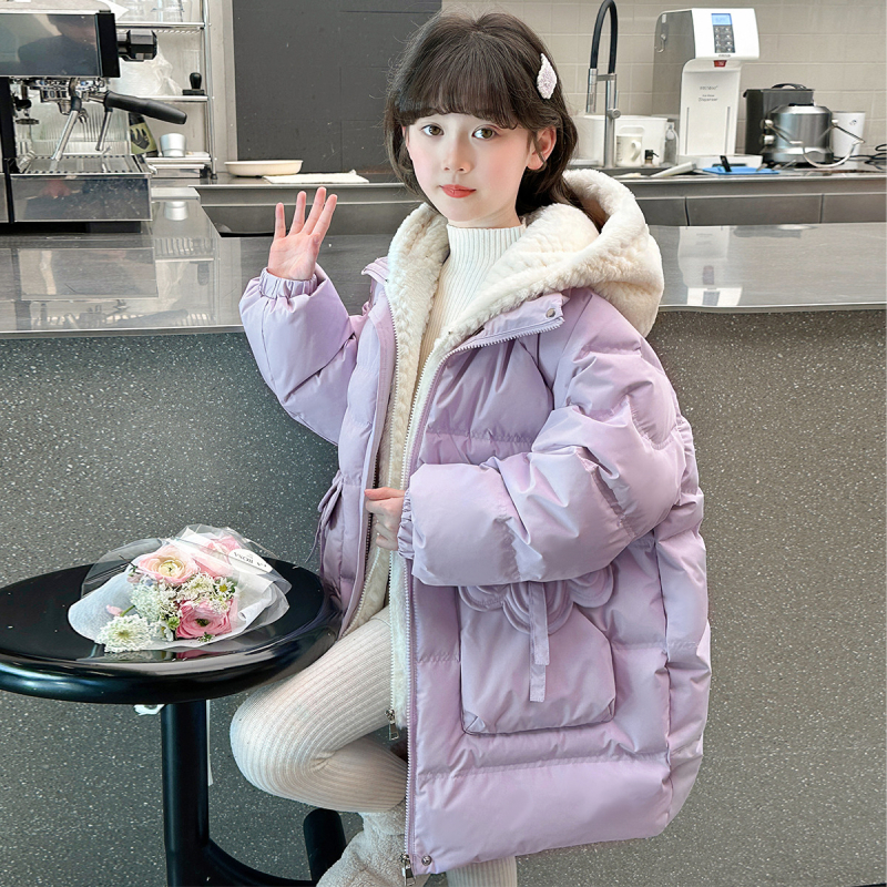 Dječja odjeća 2025. Lažna dvodijelna djevojačka pamučna jakna od perja srednje duljine, zadebljana topla pamučna jakna s kapuljačom