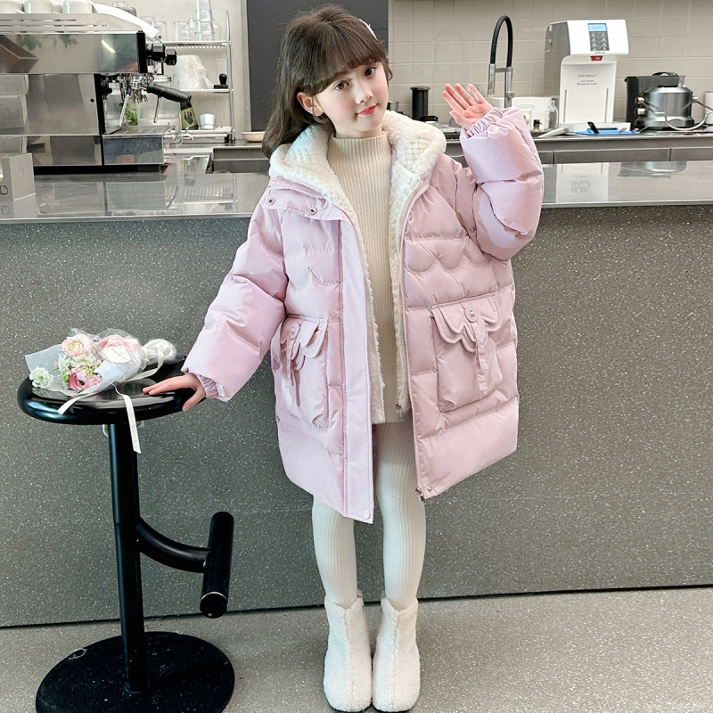 Dječja odjeća 2025. Lažna dvodijelna djevojačka pamučna jakna od perja srednje duljine, zadebljana topla pamučna jakna s kapuljačom