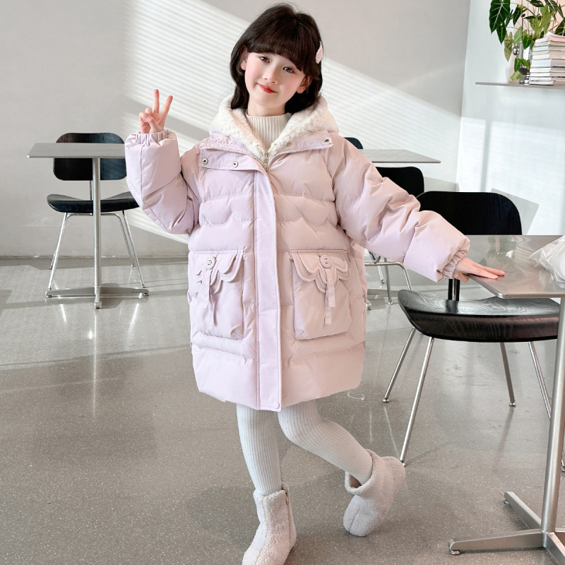 Dječja odjeća 2025. Lažna dvodijelna djevojačka pamučna jakna od perja srednje duljine, zadebljana topla pamučna jakna s kapuljačom