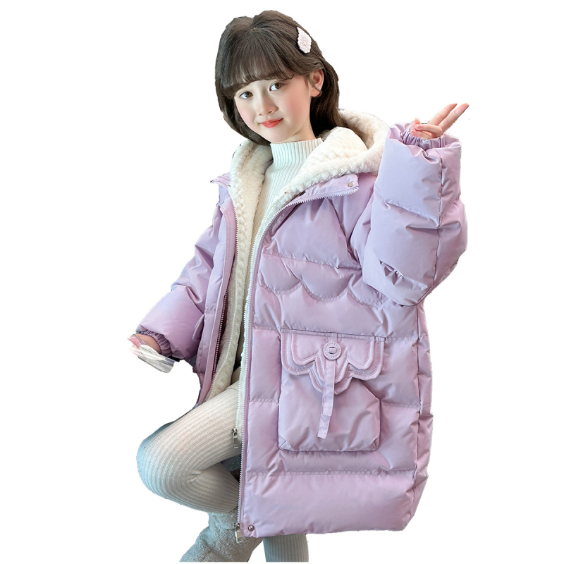 Dječja odjeća 2025. Lažna dvodijelna djevojačka pamučna jakna od perja srednje duljine, zadebljana topla pamučna jakna s kapuljačom