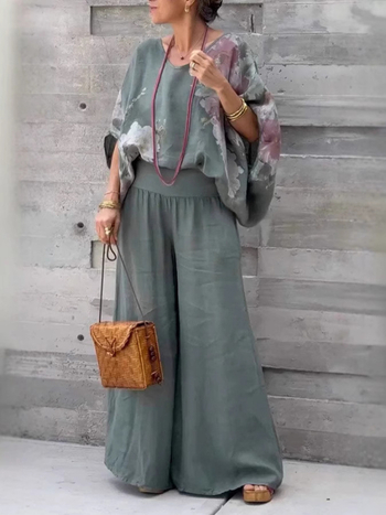 2025 Νέο Ευρωπαϊκό και Αμερικανικό Διασυνοριακό Ανεξάρτητο Σταθμό Explosions V-neck Παντελόνι με Βαμβάκι και Λινό Στάμπα, Casual Γυναικείο Κοστούμι