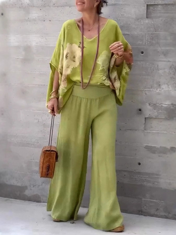 2025 Νέο Ευρωπαϊκό και Αμερικανικό Διασυνοριακό Ανεξάρτητο Σταθμό Explosions V-neck Παντελόνι με Βαμβάκι και Λινό Στάμπα, Casual Γυναικείο Κοστούμι