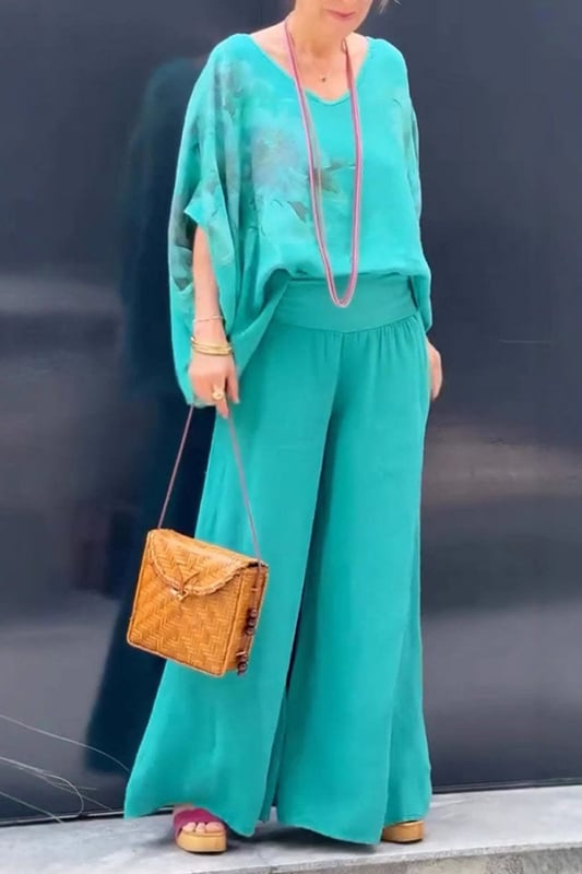 2025 Noi explozii de stații independente transfrontaliere europene și americane, cu decolteu în V, bumbac și in, imprimate, pantaloni largi, costum casual pentru femei