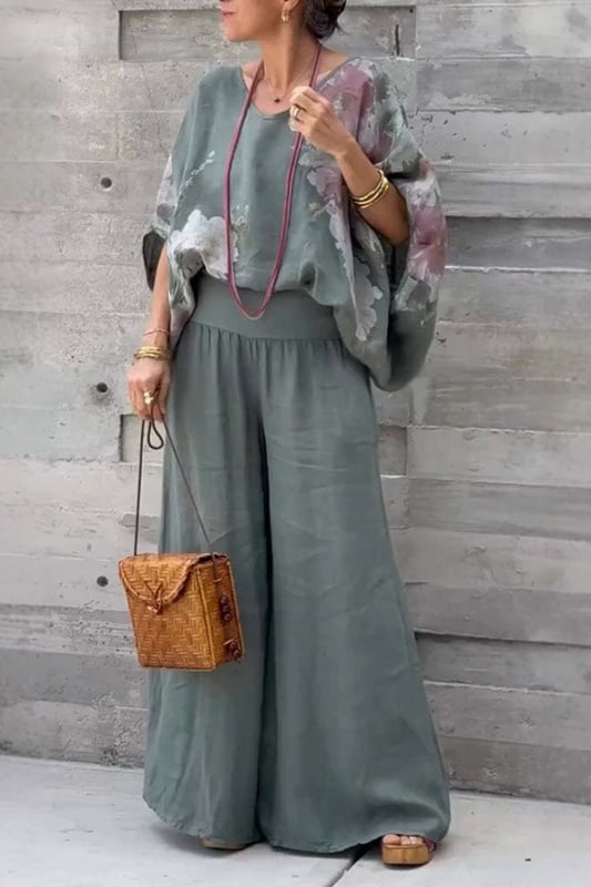 2025 Noi explozii de stații independente transfrontaliere europene și americane, cu decolteu în V, bumbac și in, imprimate, pantaloni largi, costum casual pentru femei