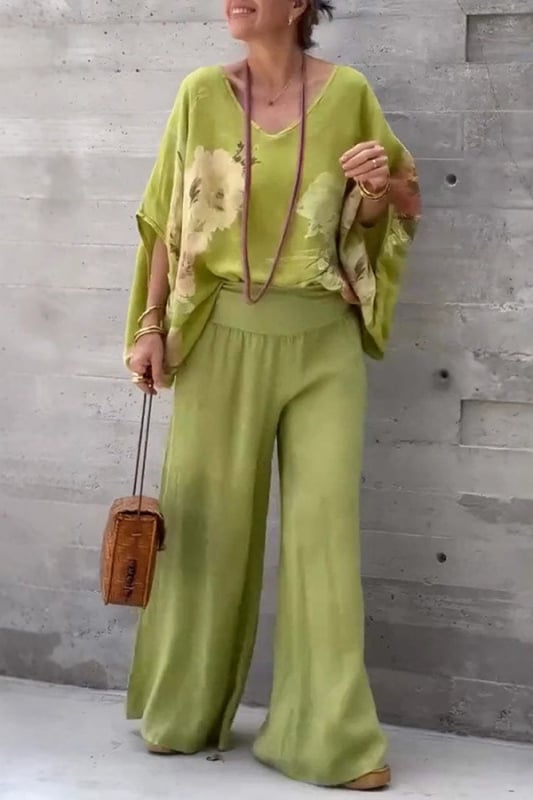 2025 Noi explozii de stații independente transfrontaliere europene și americane, cu decolteu în V, bumbac și in, imprimate, pantaloni largi, costum casual pentru femei