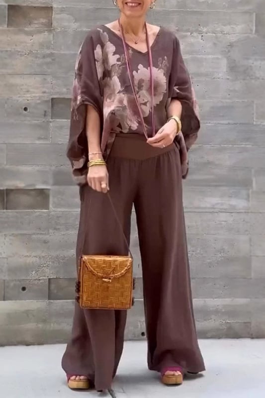 2025 Noi explozii de stații independente transfrontaliere europene și americane, cu decolteu în V, bumbac și in, imprimate, pantaloni largi, costum casual pentru femei