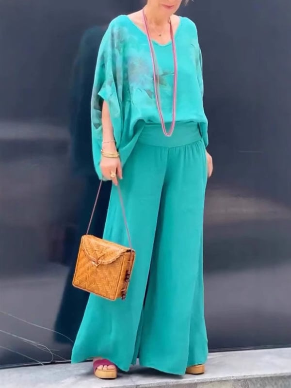 2025 Noi explozii de stații independente transfrontaliere europene și americane, cu decolteu în V, bumbac și in, imprimate, pantaloni largi, costum casual pentru femei