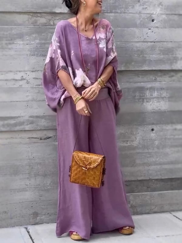 2025 Noi explozii de stații independente transfrontaliere europene și americane, cu decolteu în V, bumbac și in, imprimate, pantaloni largi, costum casual pentru femei