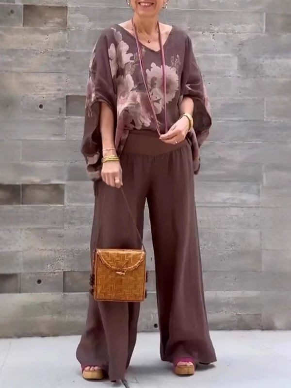 2025 Noi explozii de stații independente transfrontaliere europene și americane, cu decolteu în V, bumbac și in, imprimate, pantaloni largi, costum casual pentru femei