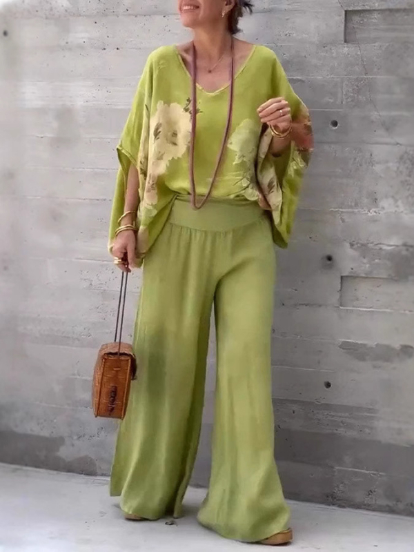 2025 Noi explozii de stații independente transfrontaliere europene și americane, cu decolteu în V, bumbac și in, imprimate, pantaloni largi, costum casual pentru femei