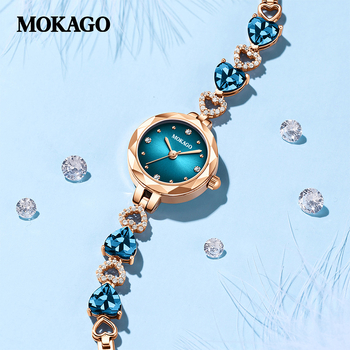 MOKAGO Ζεστό σε Προσφορά Heart of the Sea Diamond Αδιάβροχο Μπλε Κρύσταλλο σε Σχήμα Καρδιάς Λεπτό Βραχιόλι Γυναικείο Φωτεινό Πολυτελές Ρολόι