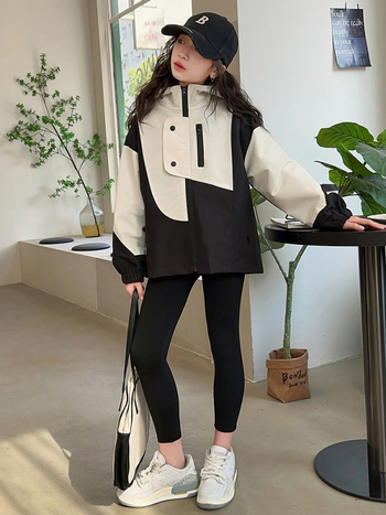 Σχεδιασμένα μπουφάν για κορίτσια, Νέα στυλ Άνοιξης & Φθινοπώρου, Παιδικά μπουφάν εργασίας patchwork μεσαίου και μεγάλου μεγέθους σε αντίθεση, Μοντέρνα μπλουζάκια