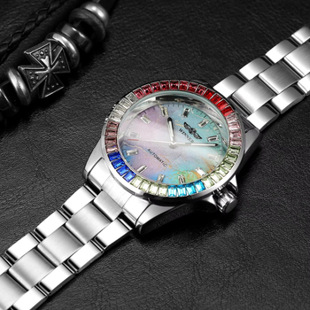 Uus võitja Euroopa ja Ameerika stiilis meeste moodne vabaaja värviline teemantvärviline sihverplaadiga automaatne mehaaniline käekell