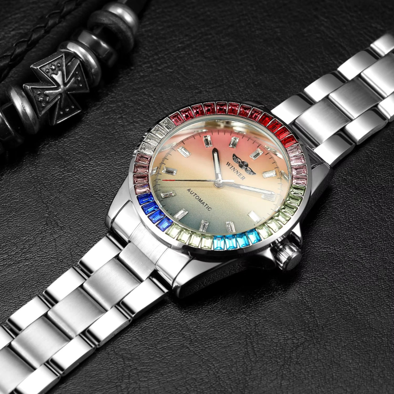 Ceas mecanic automat pentru bărbați, stil european și american, nou, câștigător, casual, cu cadran colorat cu diamante colorate