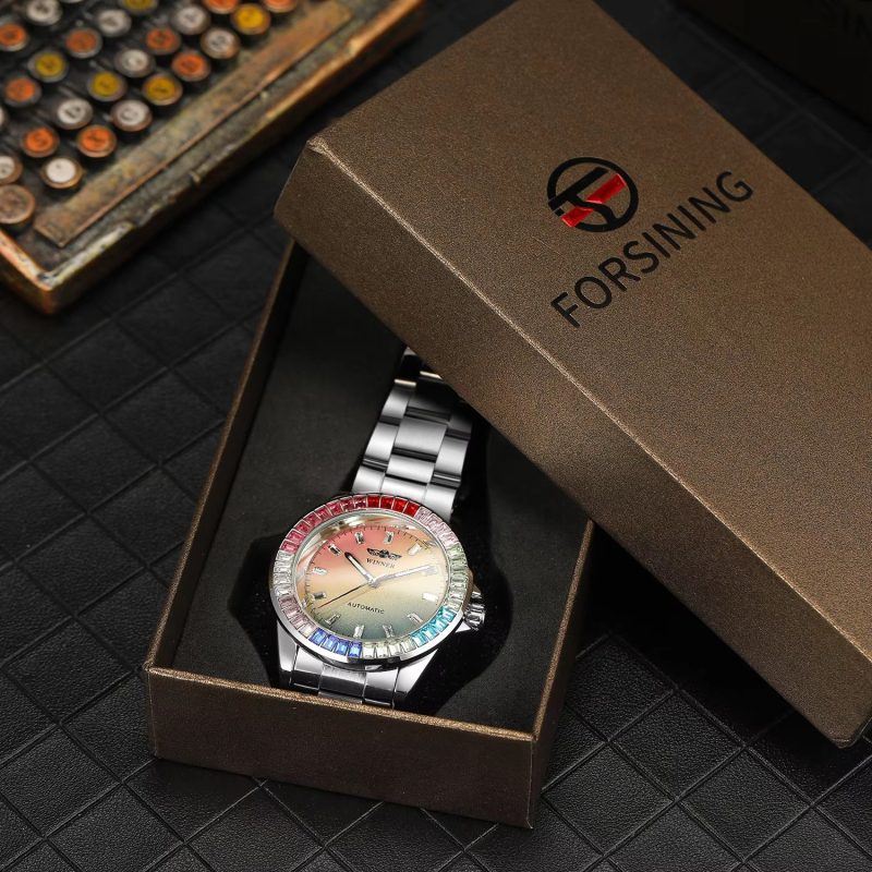 Ceas mecanic automat pentru bărbați, stil european și american, nou, câștigător, casual, cu cadran colorat cu diamante colorate