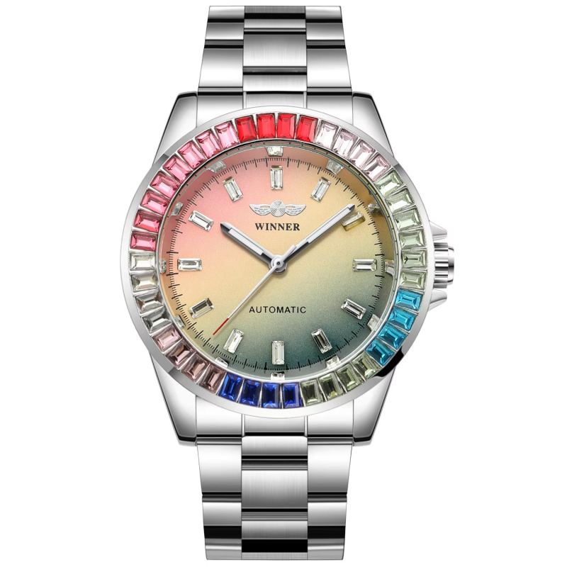 Uus võitja Euroopa ja Ameerika stiilis meeste moodne vabaaja värviline teemantvärviline sihverplaadiga automaatne mehaaniline käekell