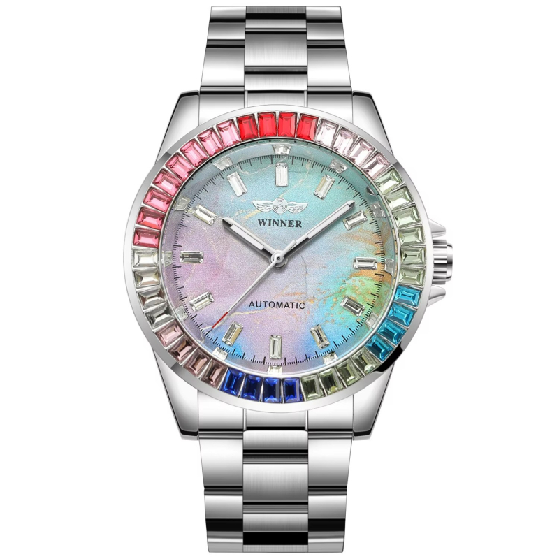 Uus võitja Euroopa ja Ameerika stiilis meeste moodne vabaaja värviline teemantvärviline sihverplaadiga automaatne mehaaniline käekell