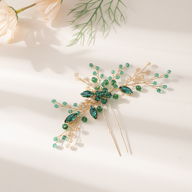 Poetiškas pavasarinis naujas moteriškas galvos apdangalas korėjietiško stiliaus paprastas rankų darbo madingas žalias vaiduoklis cirkonio krištolo segtukas plaukų aksesuarai didmeninė prekyba