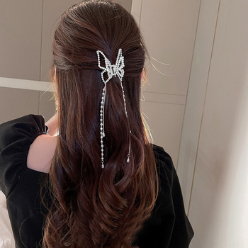 Agrafă de păr metalică de dimensiuni mici pentru femei, 5,5 cm, cu strasuri, fluture gol, perlă, ciucure, modă luxoasă, temperament, stras, agrafă