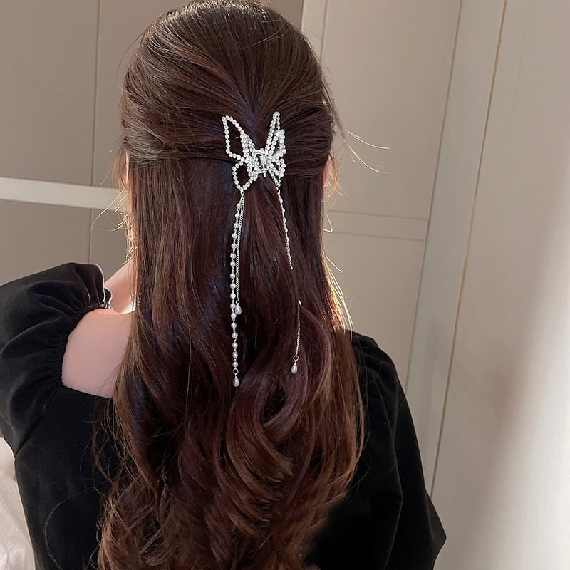 Agrafă de păr metalică de dimensiuni mici pentru femei, 5,5 cm, cu strasuri, fluture gol, perlă, ciucure, modă luxoasă, temperament, stras, agrafă