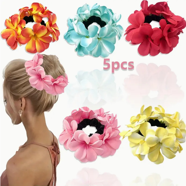 5 erinevat Hawaii plumeria juuksekummi komplekt rannapuhkuseks ja reisifotodeks. Naistele mõeldud krunnidega juuksesidemed.