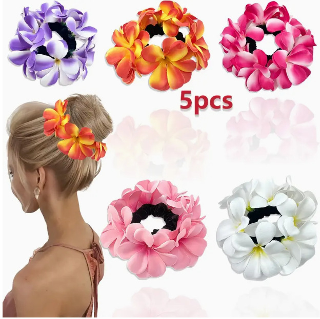 5 erinevat Hawaii plumeria juuksekummi komplekt rannapuhkuseks ja reisifotodeks. Naistele mõeldud krunnidega juuksesidemed.