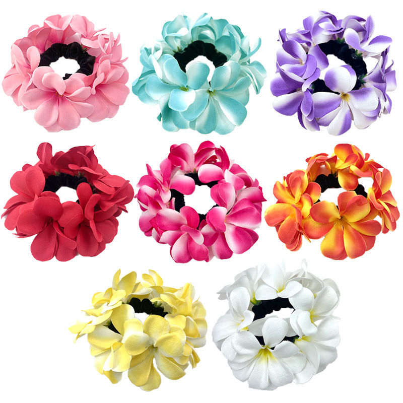 5 erinevat Hawaii plumeria juuksekummi komplekt rannapuhkuseks ja reisifotodeks. Naistele mõeldud krunnidega juuksesidemed.