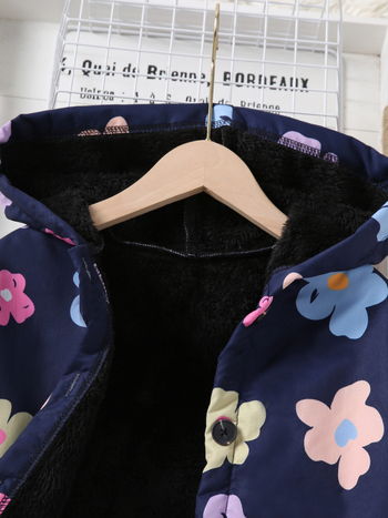 Διασυνοριακό Φθινόπωρο και Χειμώνας Βελούδινο Ζεστό Κορίτσια Μονόπετο Πολύχρωμο Λουλουδάτο Στάμπα με Κουκούλα Χαλαρό Casual Μπουφάν Μεσαίου Μήκους