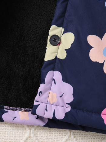 Διασυνοριακό Φθινόπωρο και Χειμώνας Βελούδινο Ζεστό Κορίτσια Μονόπετο Πολύχρωμο Λουλουδάτο Στάμπα με Κουκούλα Χαλαρό Casual Μπουφάν Μεσαίου Μήκους