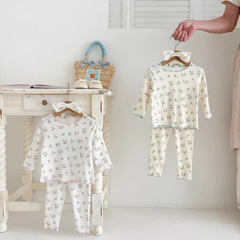 Pijamale cu mânecă lungă pentru copii, toamnă, haine pentru copii, fete, pijamale, set din două piese, costum floral cu margini pentru urechi pentru bebeluși