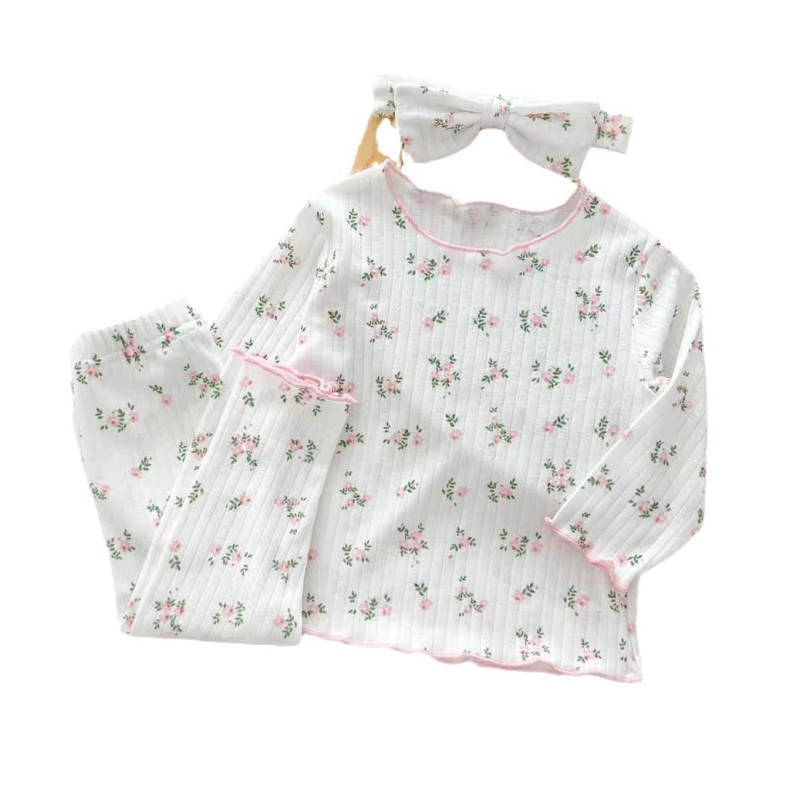 Lasteriided Sügis Beebi Tüdrukute pikkade varrukatega pidžaamad Pidžaamad Kaheosaline komplekt Beebi kõrvaäärisega lilleline ülikond