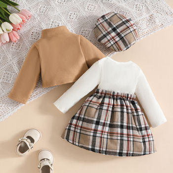 Amazoni 0-3-aastastele lastele mõeldud sügis-talve kostüümikomplekt, fliisvoodriga pikkade varrukatega jakk, ruuduline vööseelik + barett, kolmeosaline komplekt