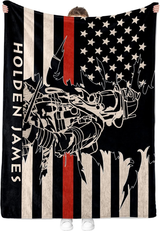 Personalizuota ugniagesio vilnonė antklodė – ugniagesio kambario dekoracija, „Red Line“ ugniagesių skyriaus dovana vyrams