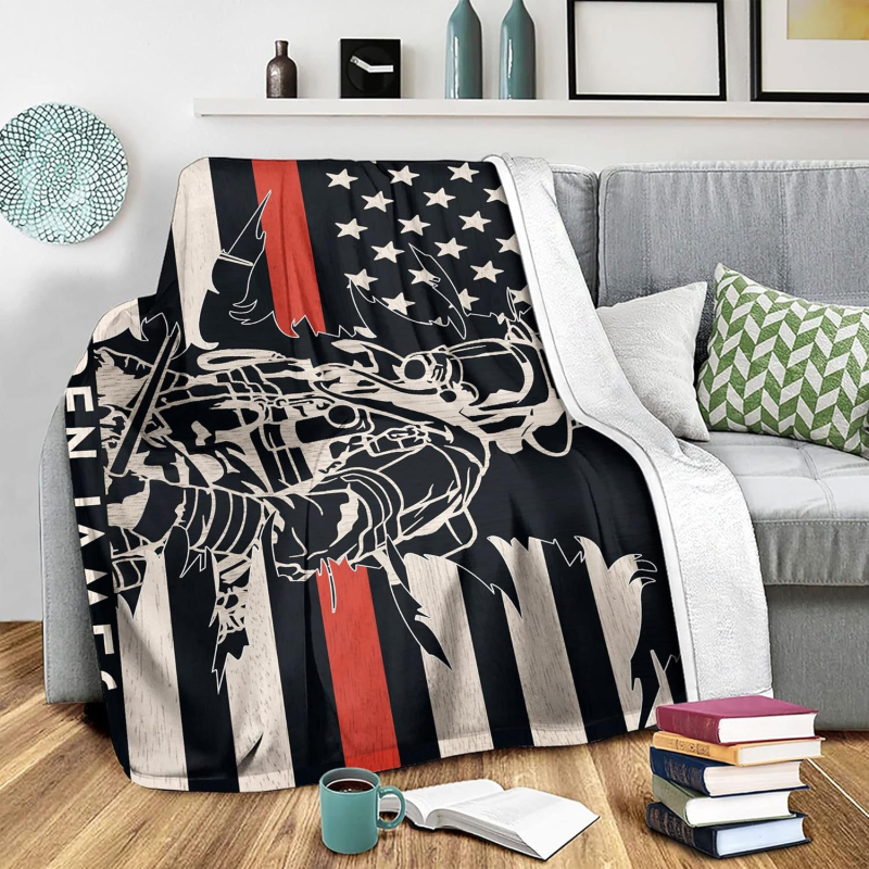 Personalizuota ugniagesio vilnonė antklodė – ugniagesio kambario dekoracija, „Red Line“ ugniagesių skyriaus dovana vyrams